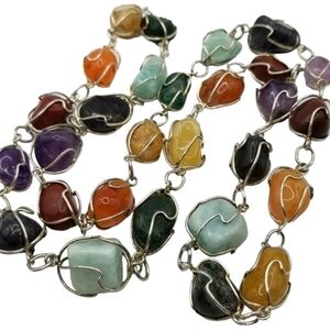 Vintage Gemstone Necklace 28 Wire Wrapped Pebbles Multicolor Stones Agate Lace